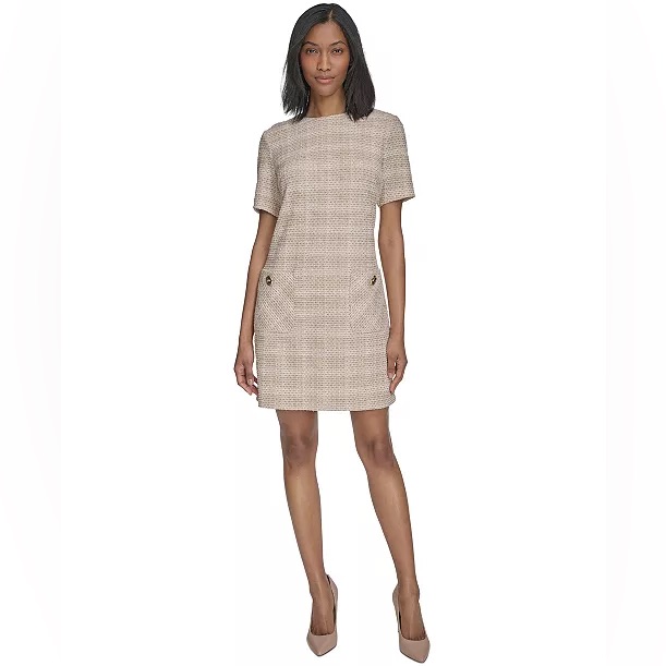 Halston Women's Patch-Pocket Short-Sleeve Tweed Shift Dress - Size 10